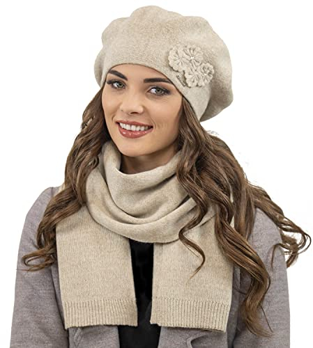 VIVISENCE Damen Mütze Mit Schal Mit Blume Applikation Wärme An Wintertagen 7006, Beige,Einheitsgröße