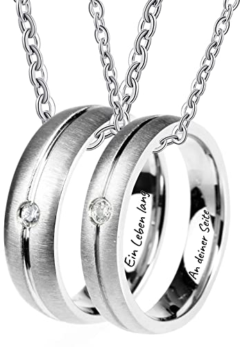 Bishilin Pärchen Kette mit Ring, Kette 60CM Silber mit Charms Anhänger Gravur EIN Leben lang an deiner Seite Freundschaftsketten für 2