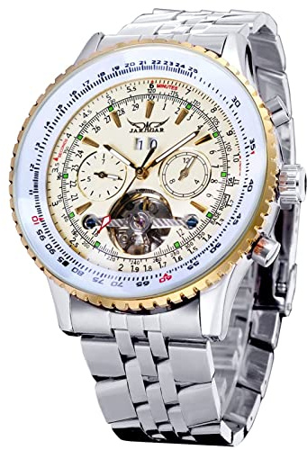 FORSINING Herren-Armbanduhr, selbstaufziehend, automatisch, wasserdicht, Edelstahl, mechanische Armbanduhr, Skelett, Tourbillon, Kalender, Datum