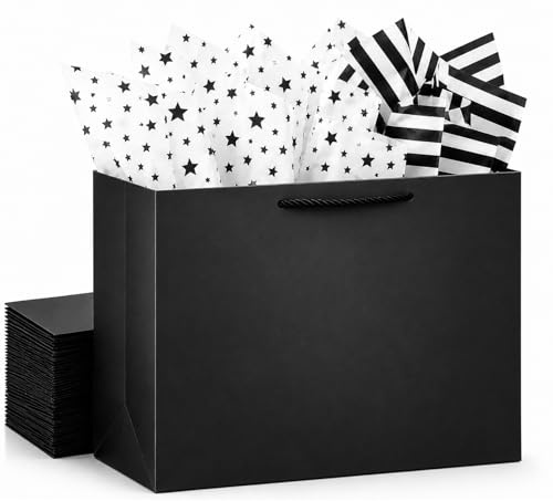 OfficeCastle 4 Pack Extra Large Black Gift Bags, Large Gift Bags with Tissue Paper, 16x6x12 Inches, Gift Bags for Small Business, Bridal Showers, Wedding, Christmas