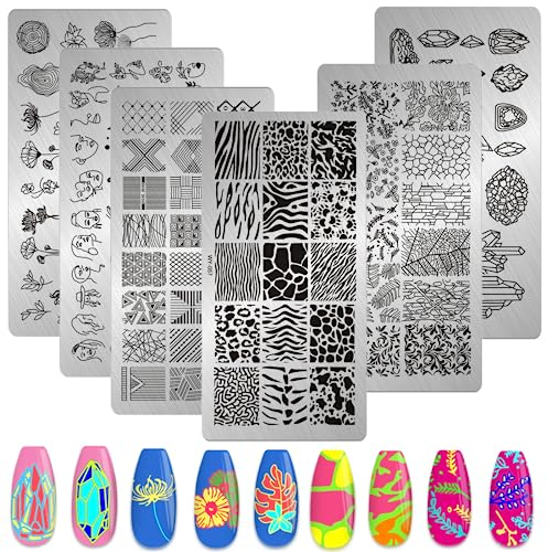MWOOT 6 Piezas Nail Art Stamping Plates, Plantillas Uñas Decoracion, Placas de Uñas con Patrón Estampado de Leopardo Geometría Flor Hoja Cristal, Juego Placas Estampacion Uñas para Salón Casa