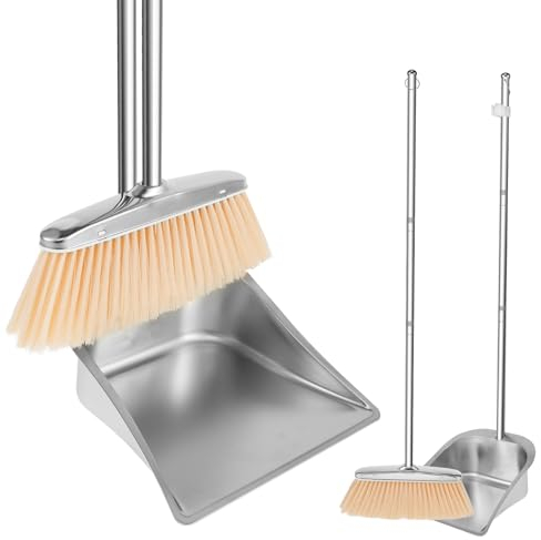 Juego de escoba y pala para polvo de mango largo, 118 cm, barredora y pala de polvo vertical de acero inoxidable, resistente, kit de escoba y pala para polvo para casa exterior (118 cm)