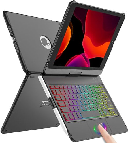 SZO Clavier Coque pour iPad 9/8/7ème Génération 10.2 2021/2020/2019, 360° Touchpad Flip Coque Dure Slim Cover, 7 Rétroéclairages, Clavier Bluetooth avec Mise Veille/Réveil Automatique, Noir
