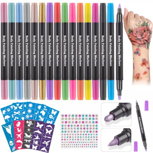 Lictin Tattoo Stifte Kinder,16 Farben Tattoostifte für Kinder,80 Motive | 80 Tattoo-Motive,Dual-Tip-Design,hautfreundlich und abwaschbar,Geschenk für Kinder zu Kindergeburtstag,Karneval und Halloween