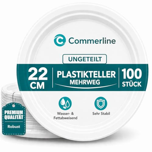 Commerline Plastikteller, 500 Stück, Kunststoffteller, Plastikgeschirr | 22 cm, ungeteilt, Partyteller, Partygeschirr Mehrweg, große Servierfläche, robust, Grill, Buffet, Catering & Camping