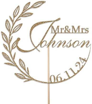 Personalised Wedding Cake Topper by KreateSquare - Glitter Customised With Any Name & Date – Mr and Mrs Rustic Design - Cake Decoration For Wedding (Gold)