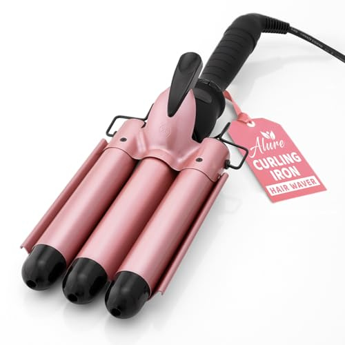 Alure Three Barrel Curling Iron Wand Hair Waver with LCD Temperature Display - 1 Inch Ceramic Tourmaline Triple Barrels, Dual Voltage Crimp (Rose Gold)
