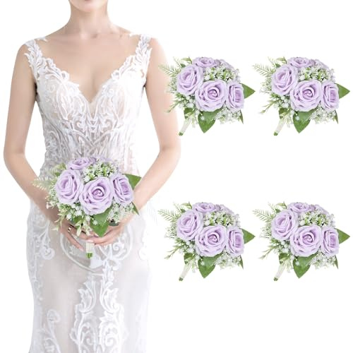 Set of 4 Artificial Bridesmaid Bouquets Lilac and White -7 Inch Silk Rose Baby's Breath Faux Bouquets for Bridesmaid Holding Flowers,Bridal Shower, Wedding Centerpiece Ceremony and Anniversary