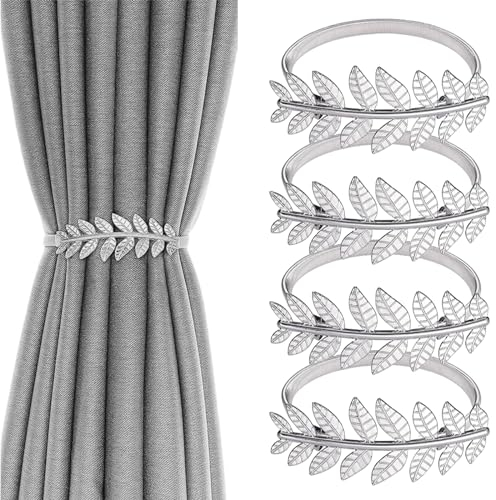 4 Stück Vorhang Halter, Raffhalter für Vorhänge, Silber Blätter Gardinen Raffhalter, Legierung Vorhanghalter, Verstellbare Raffhalter Vorhang mit Federseil, Vorhangbinder für Haus, Hotel, Büro