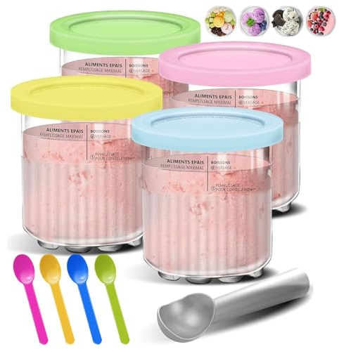 Creami Behälter für die Ninja Creami Eismaschine,Ice Cream Pints Beche mit Bunte Löffel-4Pcs+Eisportionierer,Eisbehälter für Speiseeis,Creami Tubs,Ninja Eisbehälter für NC500 NC501-Serie