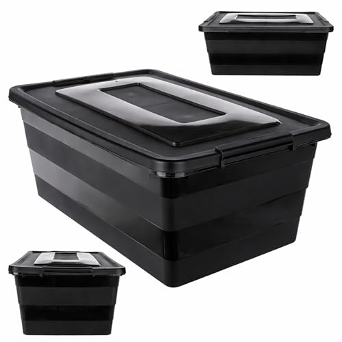 KADAX Caja de almacenamiento con tapa, caja de juguetes de plástico resistente, caja de almacenamiento con cierre de clic, contenedor de almacenamiento (negro, 40 L)