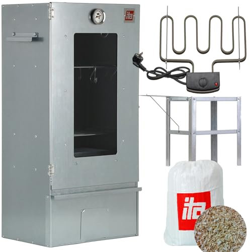 ITA Horno eléctrico para ahumar 7002 – Juego de ahumar con calefacción, mesa, armario para ahumar con ventana y termómetro, acero inoxidable, calidad europea, directamente del fabricante, 81 cm con 3