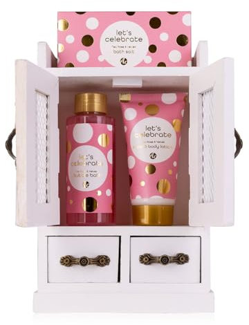 Accentra - Set de regalo para mujer Let's Celebrate - con baño de burbujas, loción corporal y sales de baño en un mueble decorativo de madera - Bienestar para mujeres para cumpleaños y San Valentín