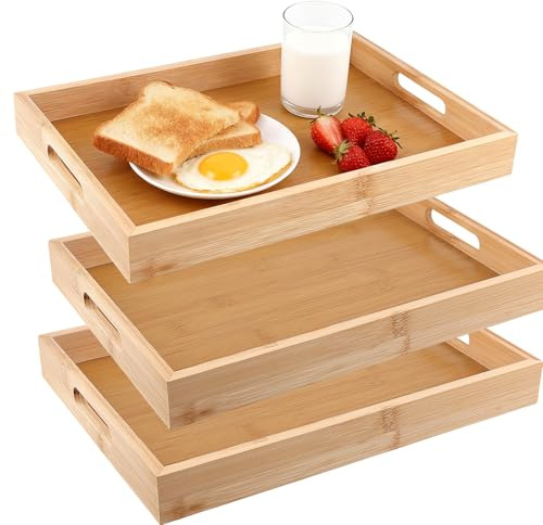 MAKTSAM Set of 3 Bamboo Serving Tray with Handles,35x25x4cm Rectangular Dinner Breakfast Tray, Bamboo Wooden Platter for Kitchen, Tea, Coffee, Parties, Restaurants