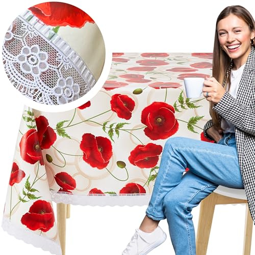 KP HOME Toile Cirée Rectangulaire 200x140cm, Nappe Plastique en PVC Essuyable, Facile à Nettoyer, Imperméable de Cuisine, Jardin en Vinyle Nappe, Toile Ciree - Motif Coquelicots et Dentelle Élégante