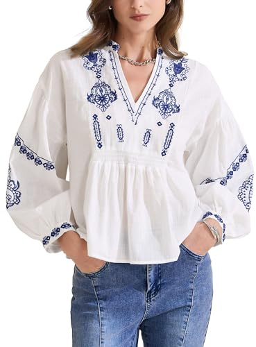 Allegra K Chemisier d'Été Brodé Femme Blouse à Fleurs Boho Col en V et Manches Longues Haut Fluide T-Shirt Décontracté Coupe Ample Blanc M