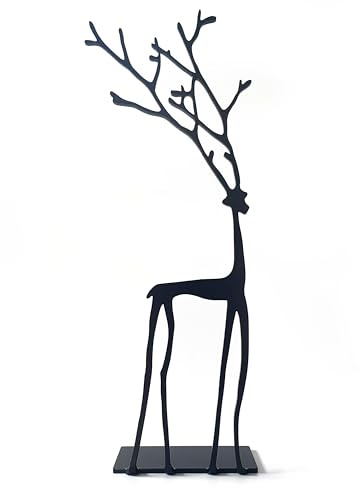 Decorizzly® Rentierfigur schwarz auf Langen Beinen, Metall Weihnachtsschmuck Hirsch, hohe Skulptur, Tischschmuck, Kamin, Home Deko (DECOF04)