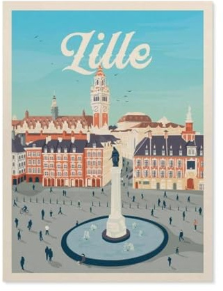 Puzzle Adulte 1000 Pièces Paysage Puzzle en Bois Puzzle en 3D，Affiche de Voyage Vintage en France, Lille, Place，DIY Art Moderne Cadeau Spécial Déco Maison（75x50cm）-BO87