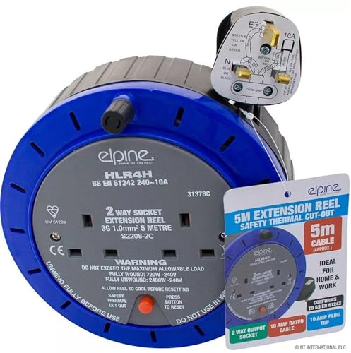 5M Extension Lead with Cable Reel – 2 Gang UK Plug, 10AMP, 13A Fuse, Heavy Duty 1.5mm² Wire, Portable Power Reel for Home, Garage & Garden 31378C