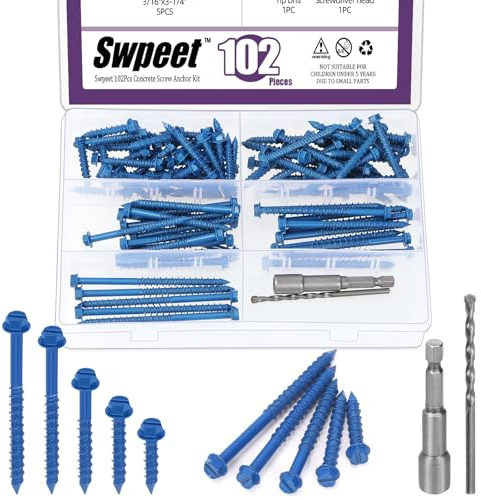 Swpeet 102 viti per calcestruzzo, 5 misure 3/16 a fessura esagonale, viti per calcestruzzo, ancora, con presa esagonale e trivellatore, set di viti autoapping per l'ancoraggio su muratura