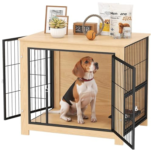 PawHut Hundezwinger Moderner Beistelltisch Haustierhaus mit 2 Türen Schwenkbarer Ständer mit 2 Näpfen und Stahlrahmen für mittlere Hunde 80x60x68 cm Eiche