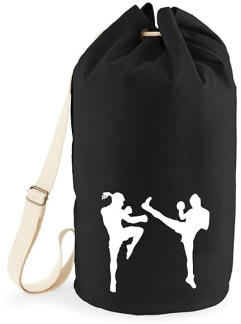 Huuraa Seesack Kickboxen Silhouette Geschenk | Tasche 20 Liter Strandtasche Black Baumwolle Rucksack Geschenkidee Schwarze Sporttasche Duffle Bag mit Kordelzug Verschluss