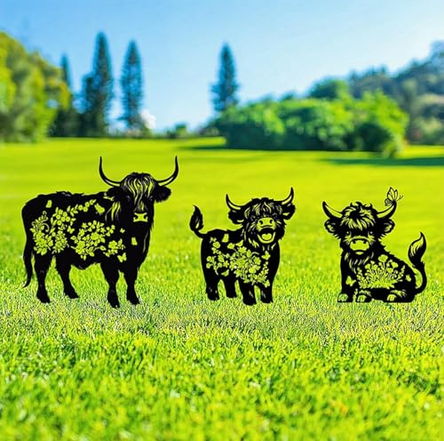 GZDDYUMYJX Metal Highland cattle Decor for Outside,3 pcs Black Highland cattle Silhouette Statues Garden Decor for Outside,Outdoor Decor,Yard Art,Lawn Ornaments,Gifts (Black Highland cattle)