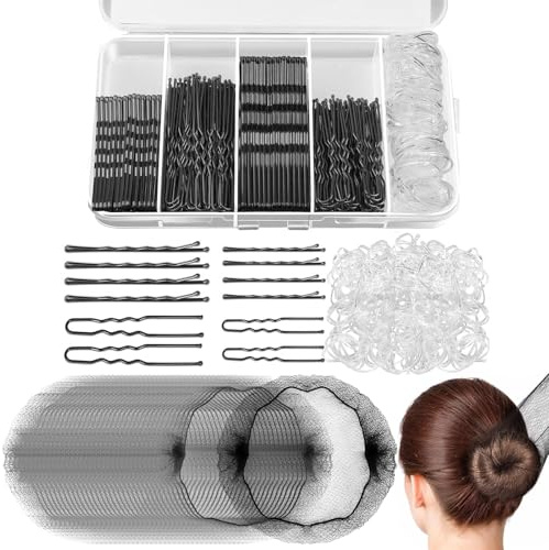 VEGCOO 350 Pièces Epingle a Cheveux Femme Pince, Chignon U Epingle à Cheveux, Bandes de Cheveux Transparentes, Filet à Chignon, avec Boîte de Rangement (Noir)