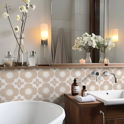 Alwayspon Autocollant de carrelage en vinyle pour salle de bain, cuisine, crédence, carrelage mural en vinyle à décoller et coller Motif floral beige 20 cm