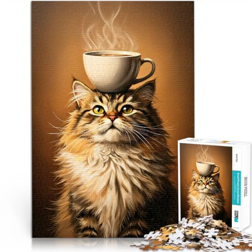 Puzzles pour Adultes 1000 pièces Chat avec Une Tasse de café Jouets Jeux éducatifs Soulagement du Stress Une œuvre d'art 75x50cm