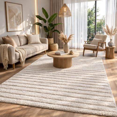 the carpet Bahar Shaggy – Weicher Hochflor Teppich, moderner Flauschiger & kuscheliger Wohnzimmer Teppich, eleganter Designer Shaggy, pflegeleicht und strapazierfähig, Beige, 140 x 200 cm