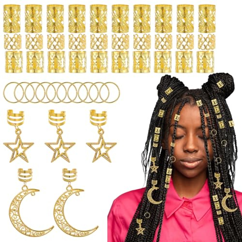Nogeqi 45 stycken guldhårsmycken för flätor, dreadlocks smycken guld hårringar, loc smycken för flätor hår, hårpiercing gyllene hårsmycke festival justerbara manschetter hår dreadlock tillbehör