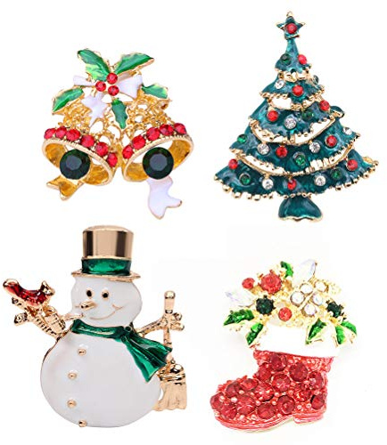 VALICLUD 4 StüCk Weihnachtsschmuck Damen Broschen Set Mit Strasssteinen Weihnachtsbaum Brosche Schneemann Anstecknadel Festliche Weihnachts Accessoires FüR Pullover Kleid Und MüTze