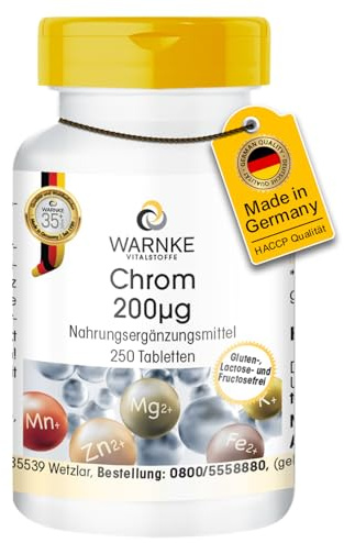 Cromo 200μg - 250 compresse, ciascuna contenente 200μg - a base di cromo picolinato - ALTO DOSAGGIO - Qualità farmaceutica tedesca - vegano | Warnke Vitalstoffe