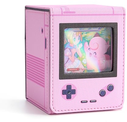 Retro Gaming Console Appearance MTG Deck Box with Commander Display, Card Deck Case Fit 120 Single Sleeved Cards, PU Leather Magnetic Card Storage Box with 2 Dividers, Compatible with TCG/PTCG (Pink)