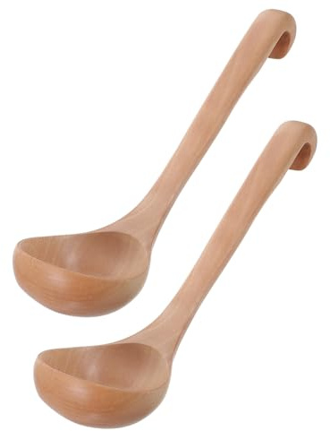 Angoily 2 Pièces Cuillère Japonaise Bois à Long Manche avec Crochet Incurvé Louche pour Soupe et Nouilles Capacité Importante Design Traditionnel pour Cuisine Familiale et Buffets