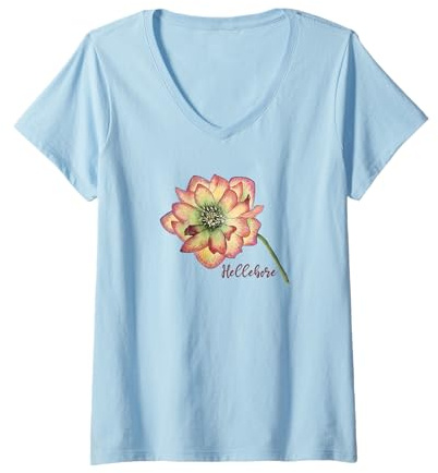 Femme Fleur d'hellébore, Motif botanique Peint à la Main T-Shirt avec Col en V