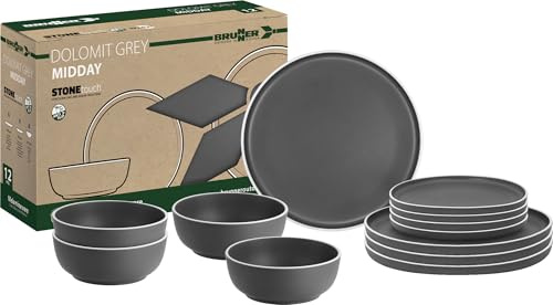 Brunner Dolomit - Juego de vajilla antideslizante de melamina para exteriores, platos ligeros y resistentes a la rotura, cuencos y tazas, caravana, picnic y camping (gris dolomito, juego de 12 piezas)