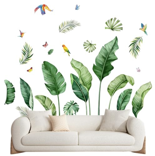 Sticker mural jungle, plantes vertes, stickers muraux décoratifs, stickers muraux avec feuilles de palmier tropicales, feuilles de bananier et oiseaux, décoration murale pour cuisine, salon, couloir