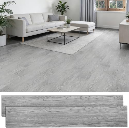 Floor Tiles Self Adhesive, 36Pcs 5.02m² Vinyl Flooring Wood Effect Peel and Stick Tiles, Waterproof Floor Stickers 2 mm Thick for Kitchen Living Room Bedroom Bathroom Office, 91.4x15.2cm Light Grey
