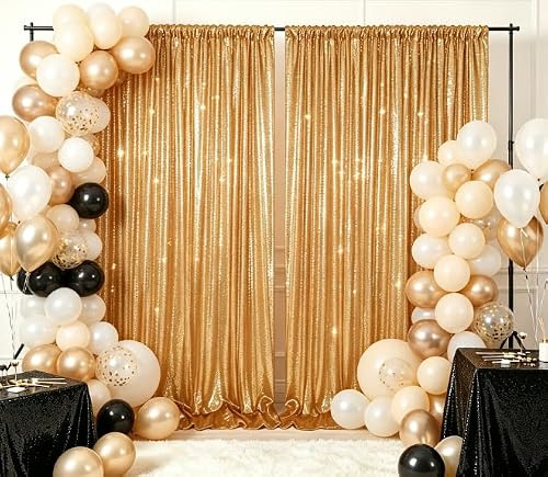 Lot de 2 rideaux à paillettes - 60 x 240 cm - Fond pailleté pour mariage, anniversaire, fond photo - 120 x 240 cm - Avec passe-tringle - Lametta PET (doré)
