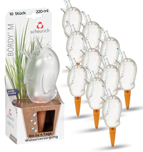 Scheurich Wasserspender Bördy M | 10 x Klar | 220ml Füllmenge | Bewässerungskugel klein mit Ton Fuß | Wasserspender Pflanzen und Blumen Terrakotta Stiel