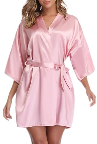 Vlazom Kimono för damer, morgonrock, kort satin badrock med bälte, v-ringad kimono, ROSA, M