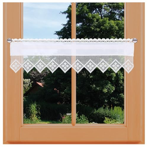 Feenhaus-Scheibengardine Lydia Vogtländische Spitze in weiß | Landhaus-Spitzengardine in geometrischer Häkelmusteroptik | fein gestickter Scheibenhänger mit Blumenmuster Höhe x Breite 21 x 67 cm