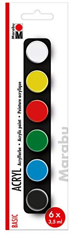 Marabu 1210000000203 - Einsteigerset Acrylfarben Basic, 6 Farben in 3,5 ml Näpfchen, auf Wasserbasis, wasserfest und lichtbeständig, schnelltrocknend für Keilrahmen, Papier, Pappe, Holz
