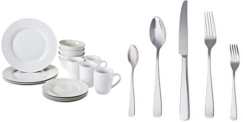 Amazon Basics Dinnerware Set, Service for 4, 16-Piece & 20-Piece Stainless Steel Flatware Set with Square Edge, Service for 4