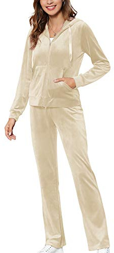 MessBebe Chándales para mujer de terciopelo Lounge Wear con capucha Conjunto de Deporte Correr Casual Sportswear Chándal de Manga Larga Top y Pantalones 2 Piezas, beige, XL