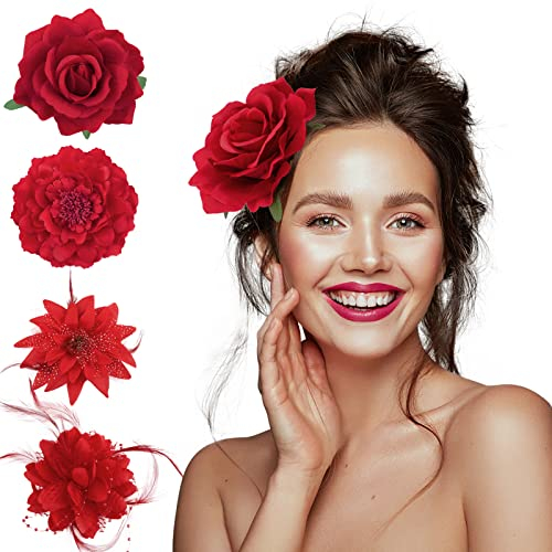 BOFUNX 4 Stücke Blumen Haarspangen Haarclip Rot Blume Brosche Haarschmuck Haarnadeln Haarklammer für Party Hochzeit Halloween Karneval Maskerade Make up