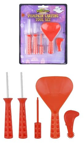 HENBRANDT Single 5-Piece Pumpkin Carving Tool Set including Scoop, Safety Saw, Poker and Engraver for Halloween Jack O’ Lantern Accessories Kit for Kids