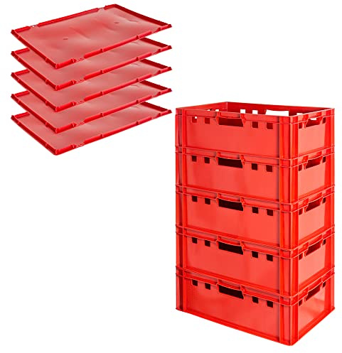 Fleischkiste E2 mit Deckeln Fleischkiste Rot Fleischerkiste Fleischkisten Kiste Fleischkiste Eurobox Lebensmittelecht 60 x 40 Metzgerkiste Auswahl Kingpower, Anzahl:5